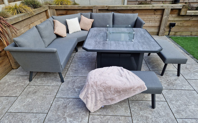 Luna 9 Seater Grey Outdoor Fabric L-Shaped Garden Corner Sofa with Glass Surround Fire Pit | Signature Weave