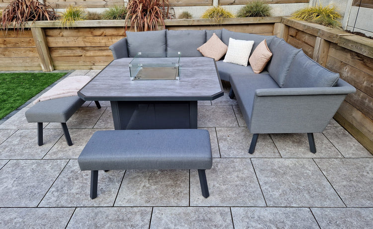 Luna 9 Seater Grey Outdoor Fabric L-Shaped Garden Corner Sofa with Glass Surround Fire Pit | Signature Weave