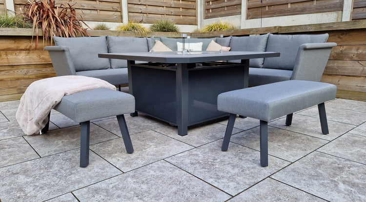 Luna 9 Seater Grey Outdoor Fabric L-Shaped Garden Corner Sofa with Glass Surround Fire Pit | Signature Weave