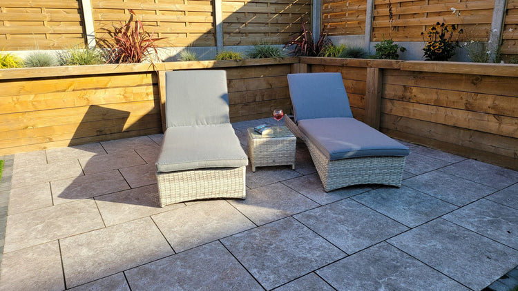 Meghan Rattan Garden Sun Lounger Pair with High Back & Drinks Table | Signature Weave