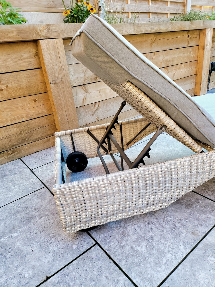 Meghan Rattan Garden Sun Lounger Pair with High Back & Drinks Table | Signature Weave