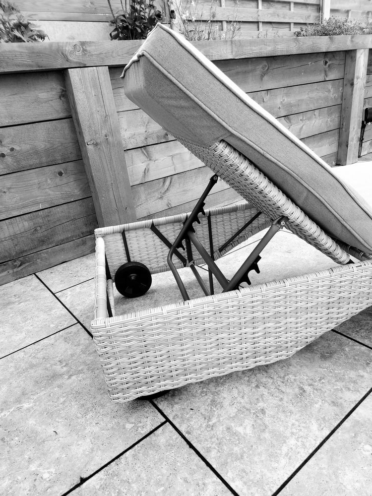 Meghan Rattan Garden Sun Lounger Pair with High Back & Drinks Table | Signature Weave