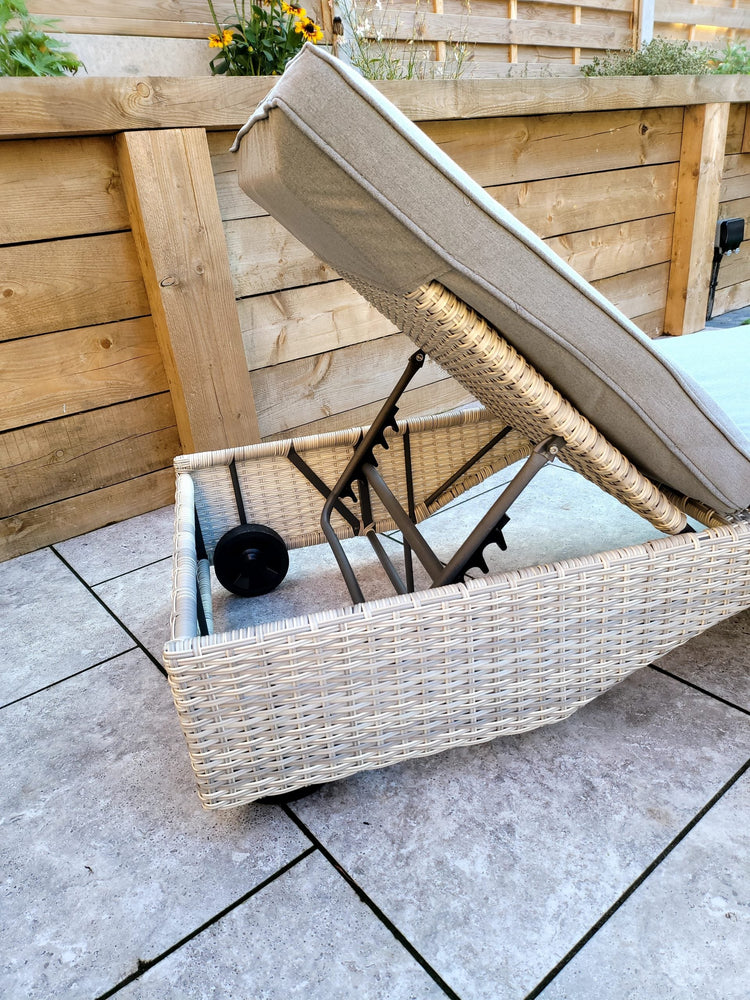 Meghan Rattan Garden Sun Lounger Pair with High Back & Drinks Table | Signature Weave