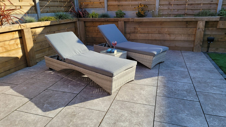 Meghan Rattan Garden Sun Lounger Pair with High Back & Drinks Table | Signature Weave