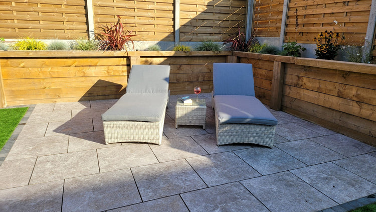 Meghan Rattan Garden Sun Lounger Pair with High Back & Drinks Table | Signature Weave