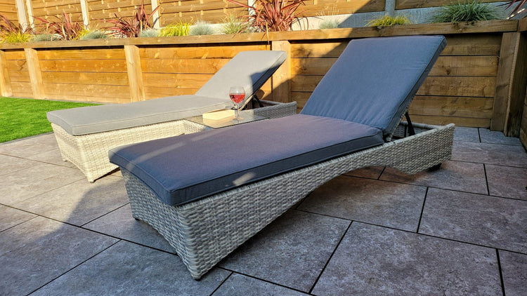 Meghan Rattan Garden Sun Lounger Pair with High Back & Drinks Table | Signature Weave