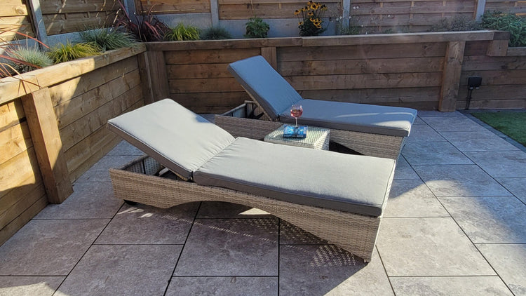 Meghan Rattan Garden Sun Lounger Pair with High Back & Drinks Table | Signature Weave