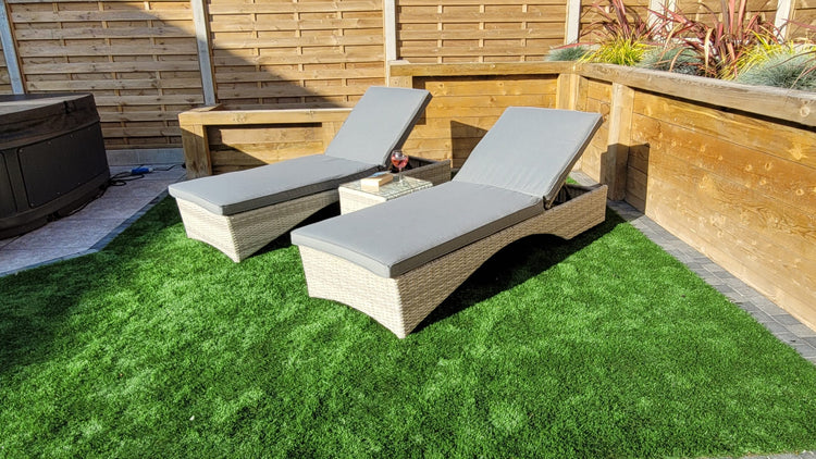 Meghan Rattan Garden Sun Lounger Pair with High Back & Drinks Table | Signature Weave
