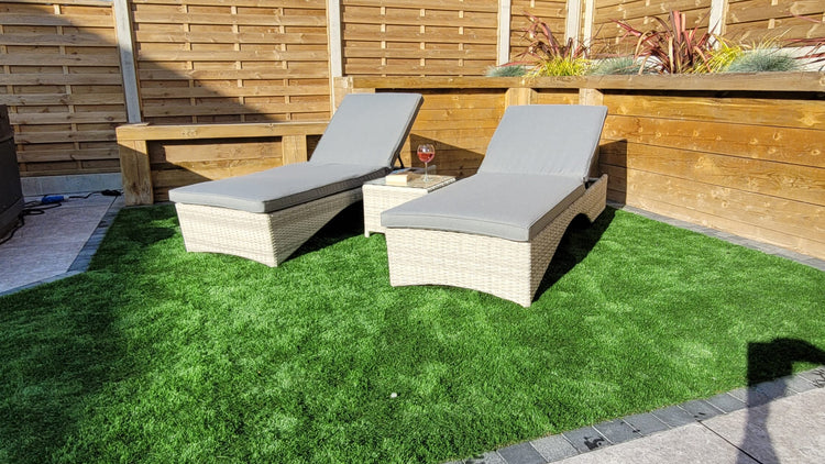 Meghan Rattan Garden Sun Lounger Pair with High Back & Drinks Table | Signature Weave