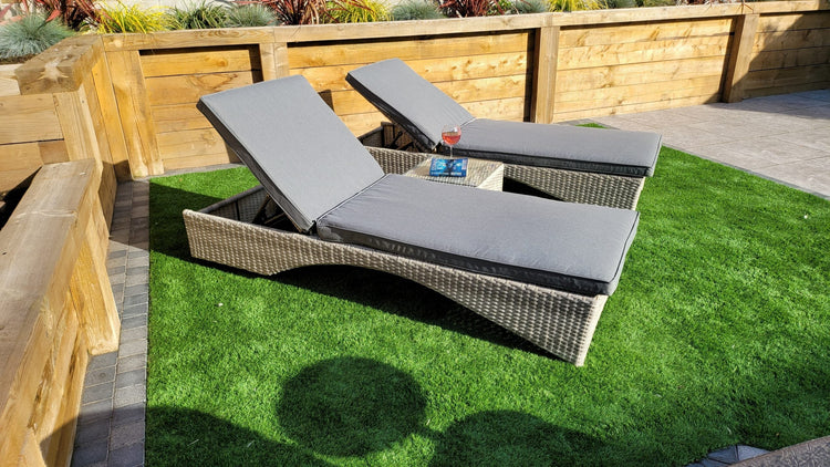 Meghan Rattan Garden Sun Lounger Pair with High Back & Drinks Table | Signature Weave