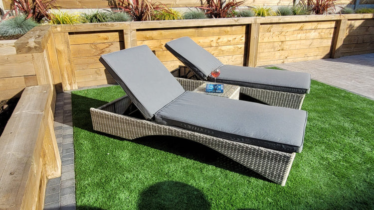 Meghan Rattan Garden Sun Lounger Pair with High Back & Drinks Table | Signature Weave