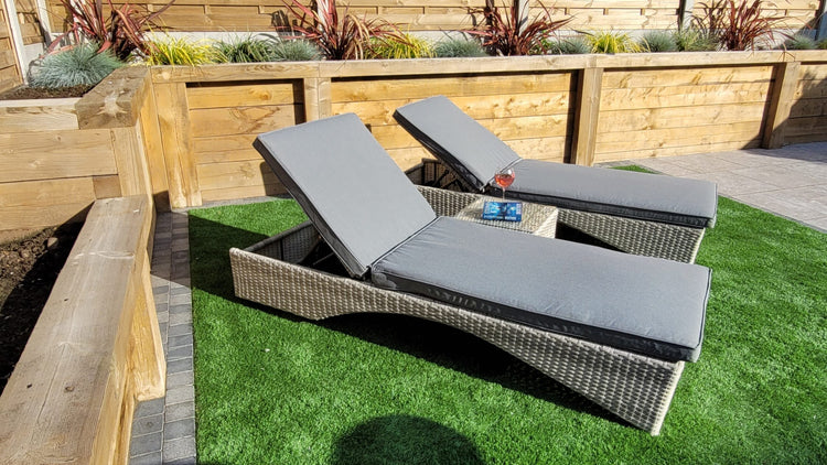 Meghan Rattan Garden Sun Lounger Pair with High Back & Drinks Table | Signature Weave
