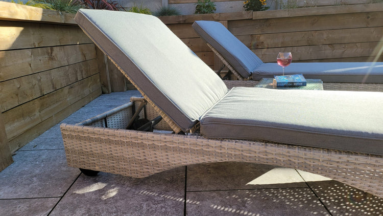 Meghan Rattan Garden Sun Lounger Pair with High Back & Drinks Table | Signature Weave