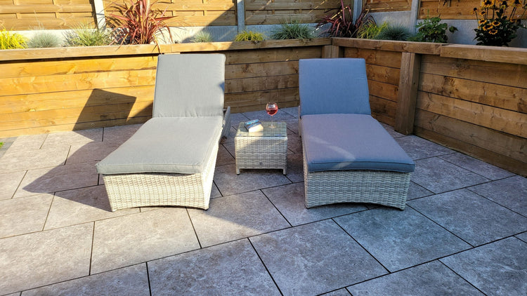 Meghan Rattan Garden Sun Lounger Pair with High Back & Drinks Table | Signature Weave