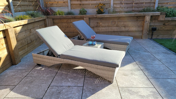 Meghan Rattan Garden Sun Lounger Pair with High Back & Drinks Table | Signature Weave