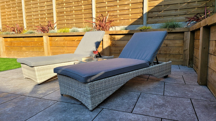 Meghan Rattan Garden Sun Lounger Pair with High Back & Drinks Table | Signature Weave
