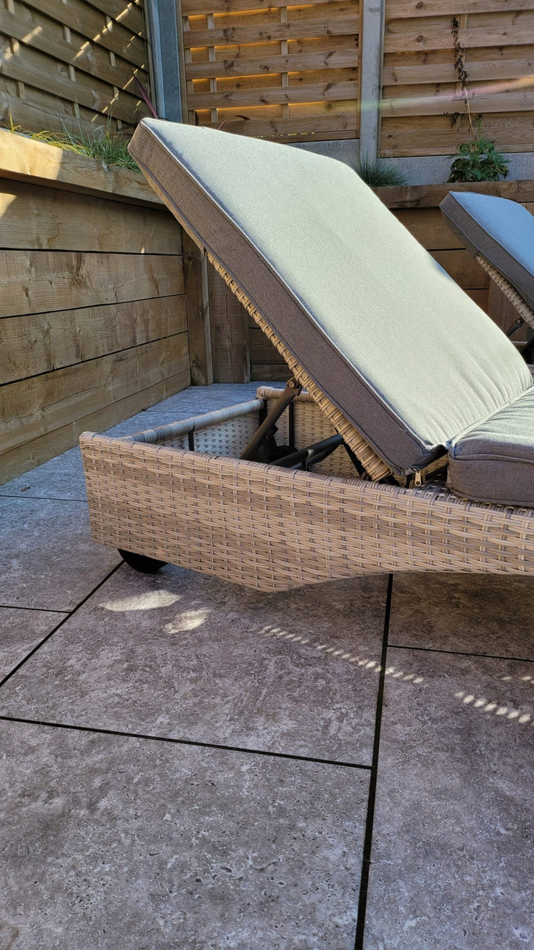Meghan Rattan Garden Sun Lounger Pair with High Back & Drinks Table | Signature Weave