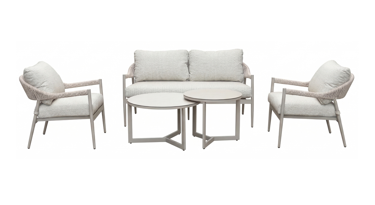 Nettlestone 4 Seater Beige Garden Sofa Set with 2 Seater, Armchairs & Nesting Tables