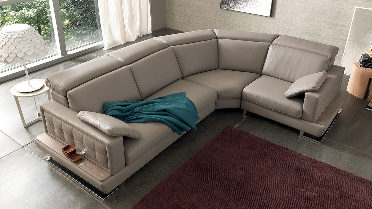 Pegaso Modular Italian Leather Sofa with Sliding Seats & Round Peninsula