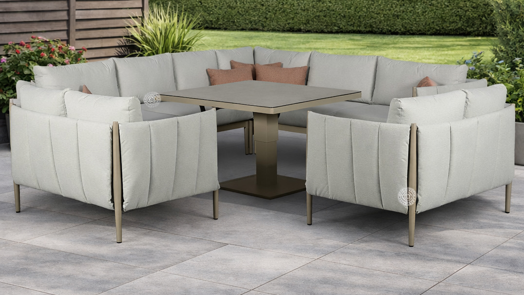 Pumpkin Beige Outdoor Fabric Garden Corner Sofa with 2 Love Chairs & Gas Lift Table
