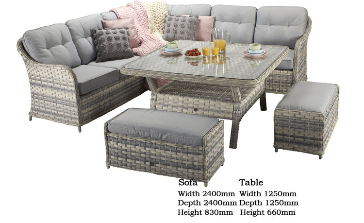 Constance Grey Rattan Large Corner Dining Sofa with Glass Table & 3 Benches | Signature Weave