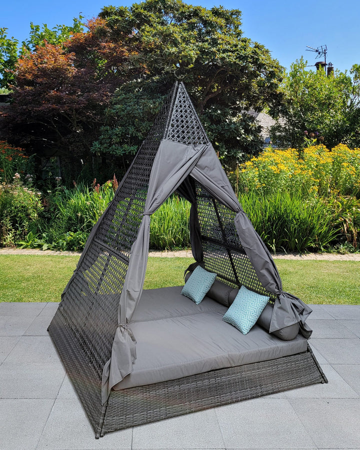 Grey Rattan Garden Teepee Daybed with Mattress, Cushions & Curtain, 200cm | Signature Weave