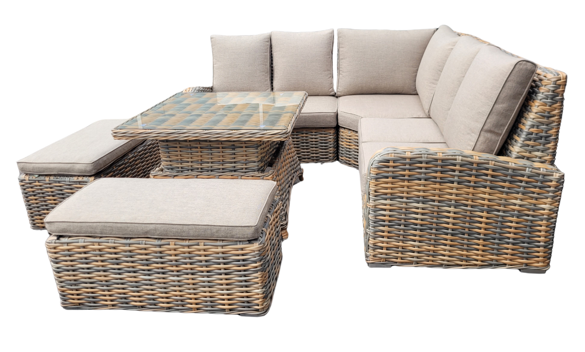 Anna Brown Rattan Large High Back Garden Corner Sofa with Rising Glass Table