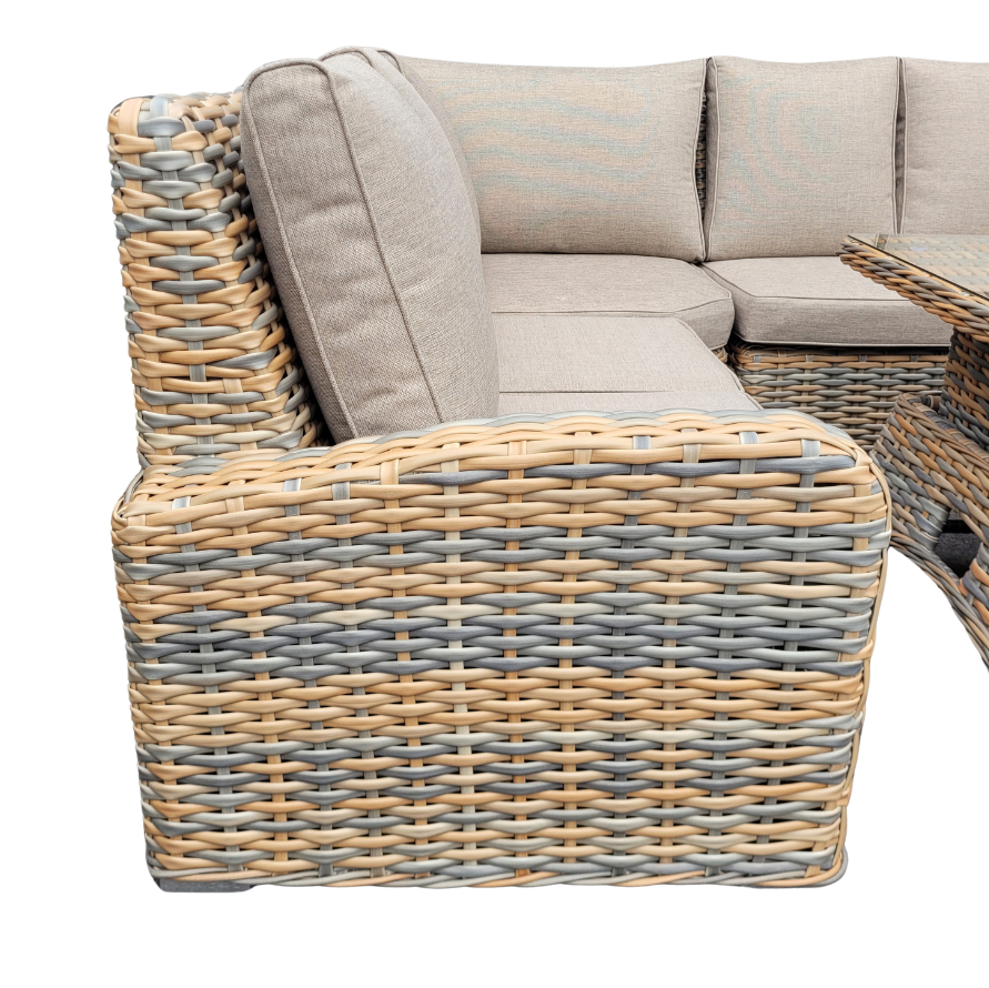 Anna Brown Rattan Large High Back Garden Corner Sofa with Rising Glass Table