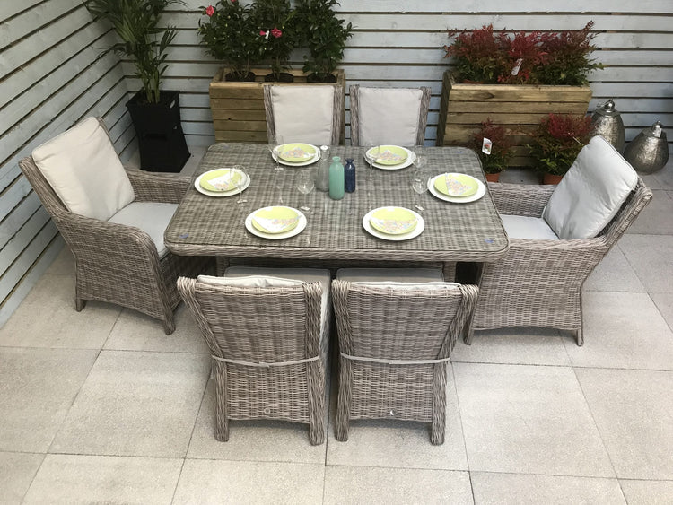 Alexandra 6 Seater Grey Rattan Garden Dining Set with High Back Chairs | Signature Weave