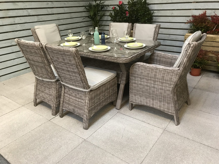 Alexandra 6 Seater Grey Rattan Garden Dining Set with High Back Chairs | Signature Weave