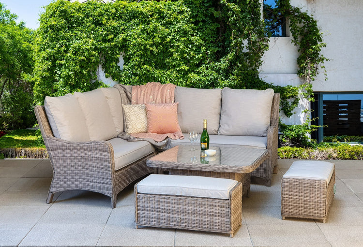Alexandra Rattan Corner Dining Sofa with Lift Table, Ice Bucket & 3 Stools | Signature Weave