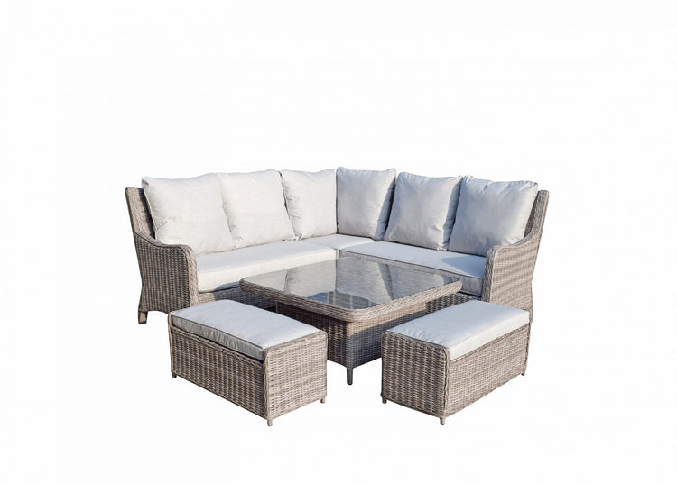 Alexandra Rattan Corner Dining Sofa with Lift Table, Ice Bucket & 3 Stools | Signature Weave