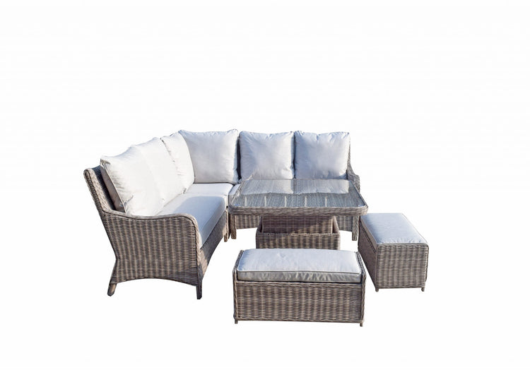 Alexandra Rattan Corner Dining Sofa with Lift Table, Ice Bucket & 3 Stools | Signature Weave