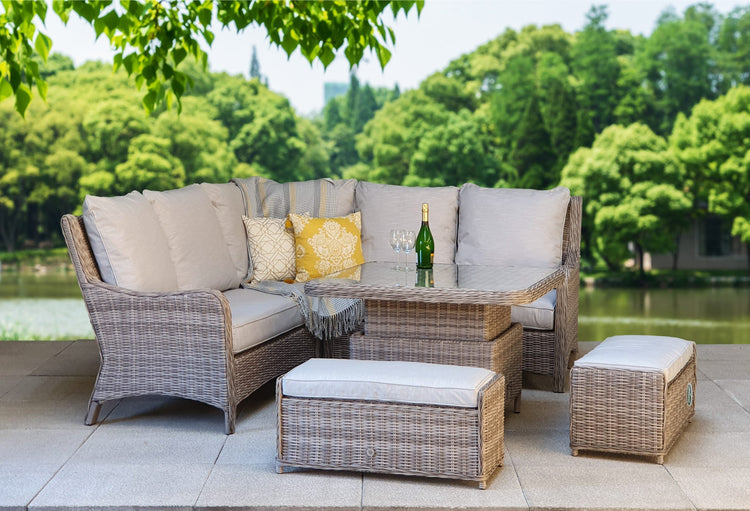 Alexandra Rattan Corner Dining Sofa with Lift Table, Ice Bucket & 3 Stools | Signature Weave