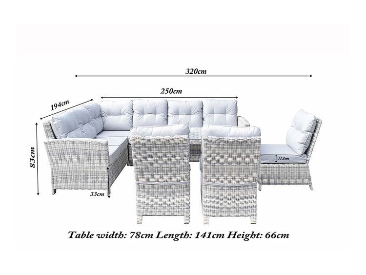 Amy Light Grey Rattan Corner Dining Sofa with Glass Table & 3 Armless Chairs | Signature Weave