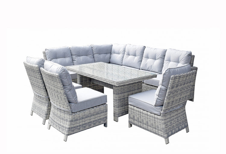 Amy Light Grey Rattan Corner Dining Sofa with Glass Table & 3 Armless Chairs | Signature Weave