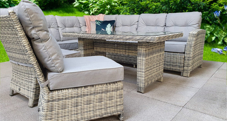 Amy Light Grey Rattan Corner Dining Sofa with Glass Table & 3 Armless Chairs | Signature Weave