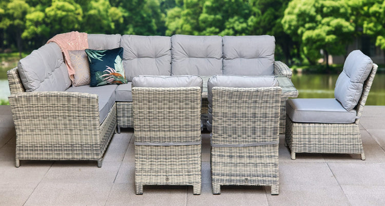 Amy Light Grey Rattan Corner Dining Sofa with Glass Table & 3 Armless Chairs | Signature Weave