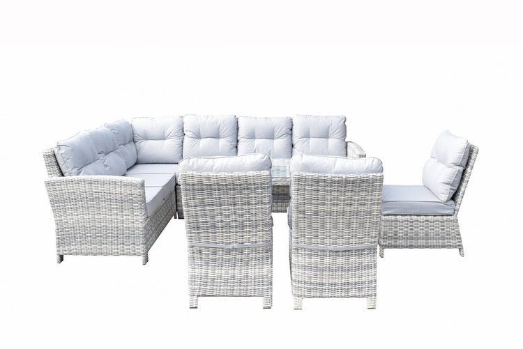 Amy Light Grey Rattan Corner Dining Sofa with Glass Table & 3 Armless Chairs | Signature Weave