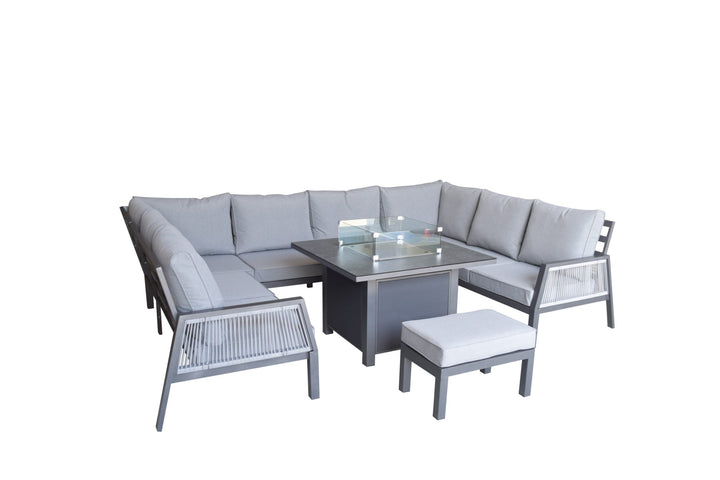 Bettina 7 Seater Grey Rattan U-Shaped Garden Sofa with Gas Fire Pit Dining Table & Bench | Signature Weave