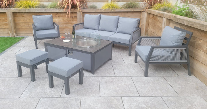 Bettina Grey Aluminium 3 Seater Garden Sofa Set with 2 Armchairs & Fire Pit Table | Signature Weave