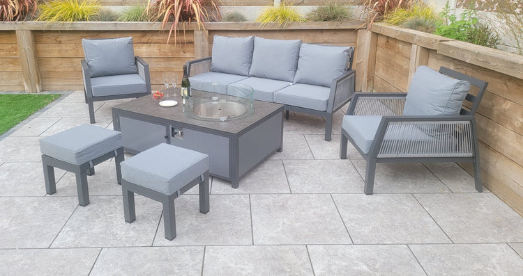 Bettina Grey Aluminium 3 Seater Garden Sofa Set with 2 Armchairs & Fire Pit Table | Signature Weave