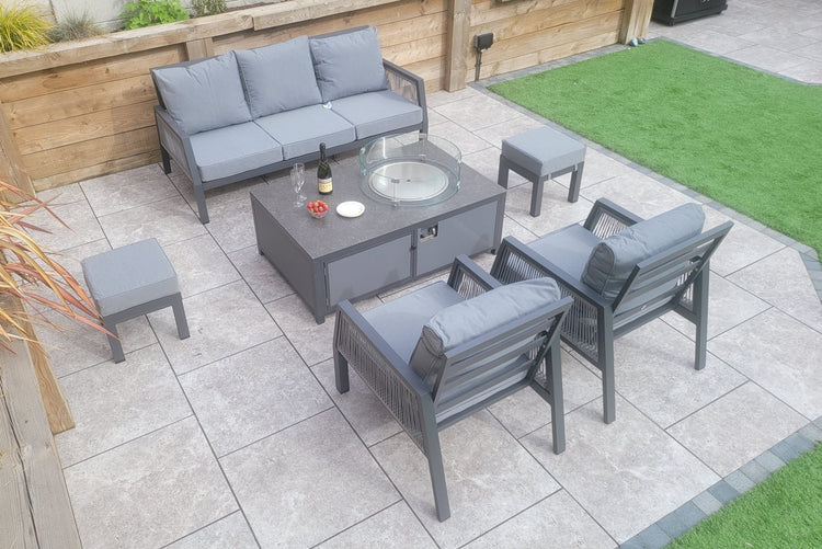 Bettina Grey Aluminium 3 Seater Garden Sofa Set with 2 Armchairs & Fire Pit Table | Signature Weave