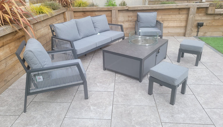 Bettina Grey Aluminium 3 Seater Garden Sofa Set with 2 Armchairs & Fire Pit Table | Signature Weave