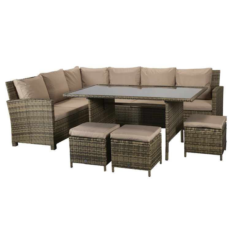 Charlotte Natural 8mm Flat Weave Rattan Corner Dining Sofa with Table & 3 Footstools | Signature Weave