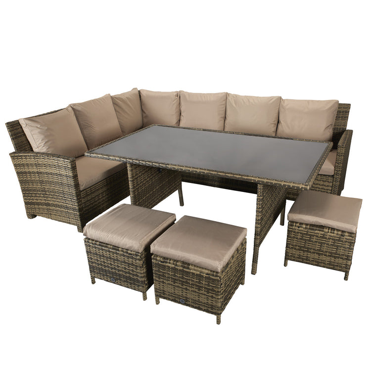Charlotte Natural 8mm Flat Weave Rattan Corner Dining Sofa with Table & 3 Footstools | Signature Weave