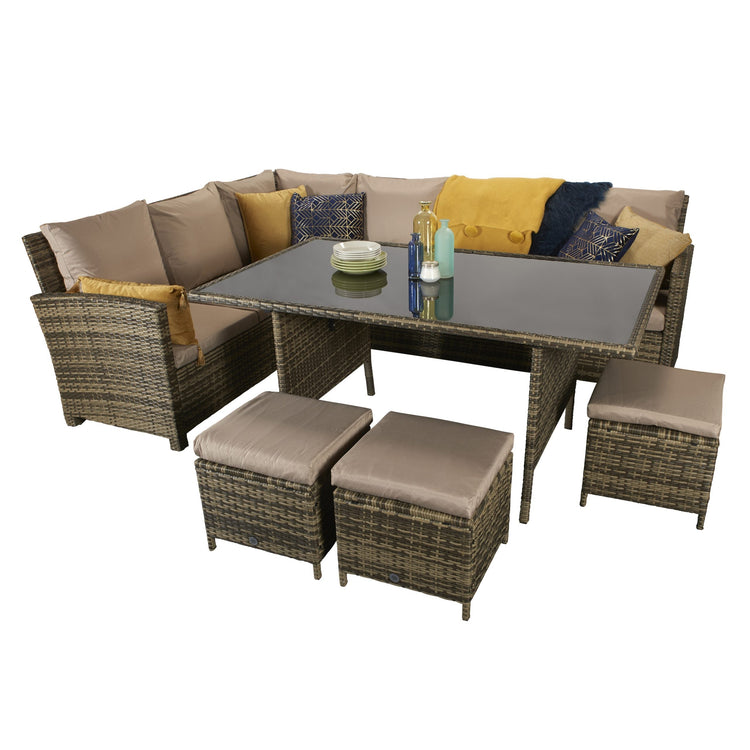 Charlotte Natural 8mm Flat Weave Rattan Corner Dining Sofa with Table & 3 Footstools | Signature Weave