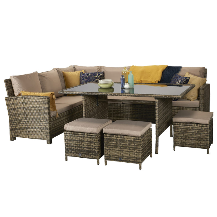 Charlotte Natural 8mm Flat Weave Rattan Corner Dining Sofa with Table & 3 Footstools | Signature Weave