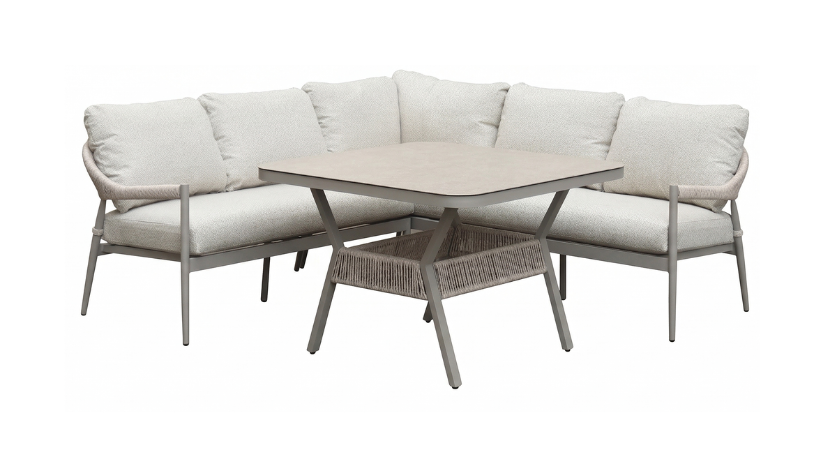 Nettlestone 7 Seater Beige Compact Garden Corner Sofa with 2 Love Seats & Table