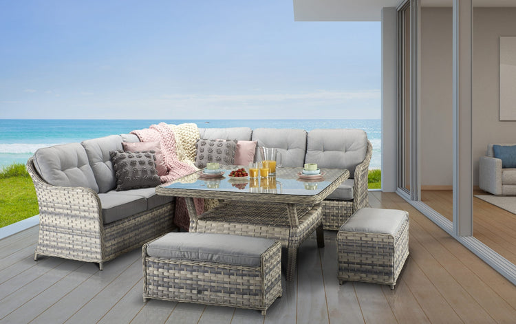 Constance Grey Rattan Large Corner Dining Sofa with Glass Table & 3 Benches | Signature Weave